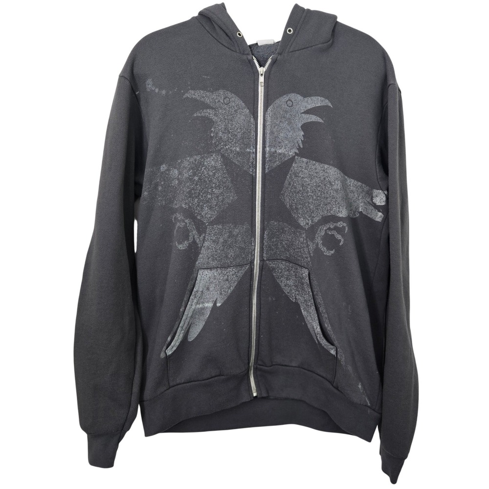 American Apparel F497 Zip Up Hoodie Mens L USA Made Gray Two Headed Raven Grunge